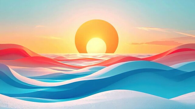 Abstract landscape with rolling hills, a large sun, and gradient colors