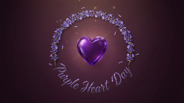 Purple heart surrounded by lavender flowers on dark background, Purple Heart Day