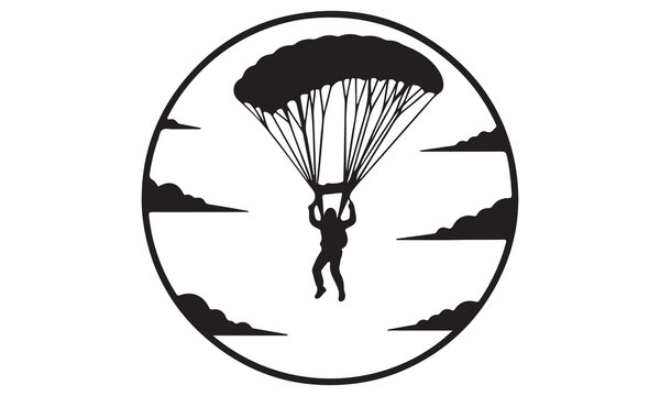 Parachute Skydiving Silhouette Vector - Paratrooper Landing Icon in Circular Badge Design

