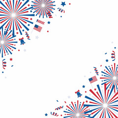 Obraz premium Patriotic USA Independence Day Corner Frame with Fireworks, Stars, and American Flags Vector Illustration