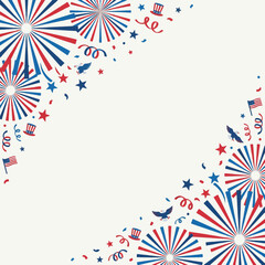 Obraz premium Patriotic USA Independence Day Corner Frame with Fireworks, Stars, Uncle Sam Hat, and Eagle Vector Illustration