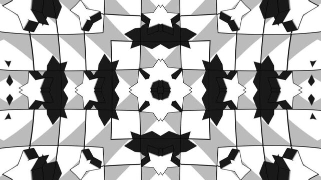 Black and White Symmetrical Kaleidoscope Animation with Abstract Geometric Structure Seamless Motion Background for Marketing and Motion Graphics