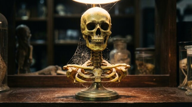 Skeleton Bust Sculpture on Brass Stand with Cobwebs