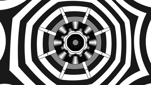 Abstract Optical Illusion Background with Monochrome Kaleidoscope Geometry High Contrast 3D Shapes and Seamless Animated Pattern for Motion Graphics