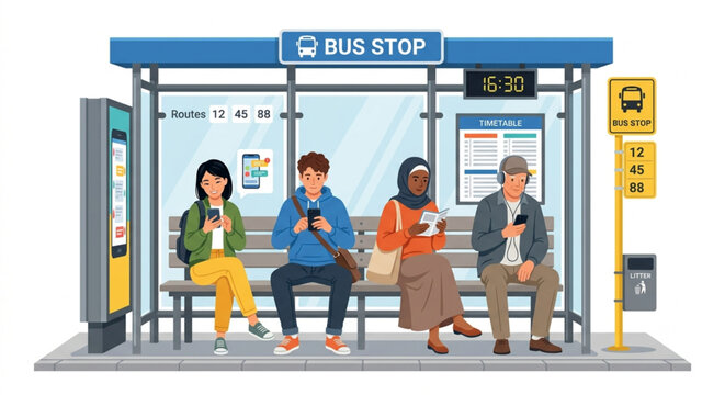 Diverse People Commuters Waiting at City Bus Stop Station Vector Illustration