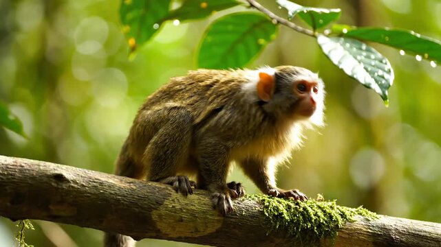 A small wild monkey with soft fur perches cautiously on a mossy branch amidst the humid foliage of the tropical rainforest while looking for food during the bright afternoon in the deep jungle