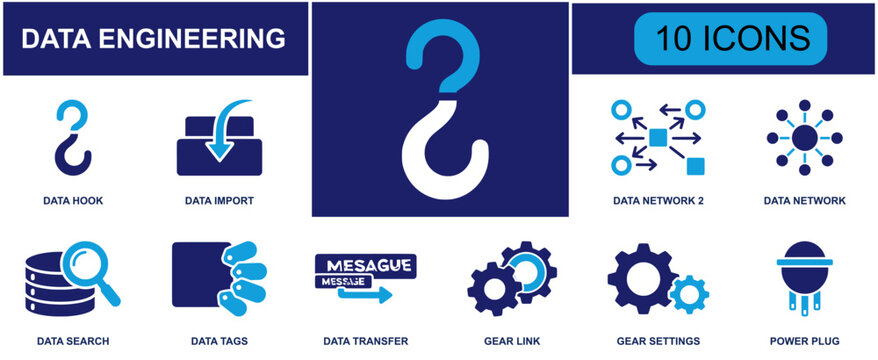 Data engineering icon set. Containing data hook, data import, data network, data search, data tags, data transfer, gear link, gear settings, power plug and more. Solid fill vector icons.