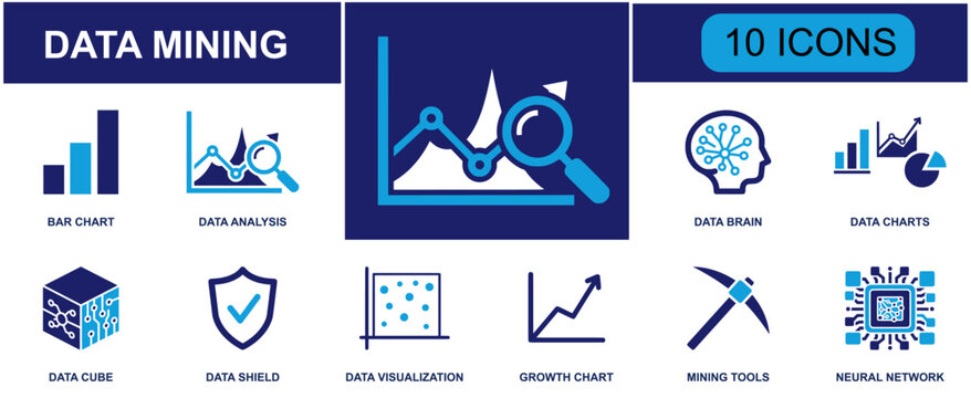 Data mining icon set. Containing bar chart, data analysis, data brain, data charts, data cube, data shield, visualization, growth chart, mining tools and more. Solid fill vector icons.