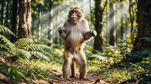 A curious rhesus macaque monkey stands upright upon a dirt trail within a lush tropical forest, observing the surroundings while beams of morning sunlight filter through the dense canopy