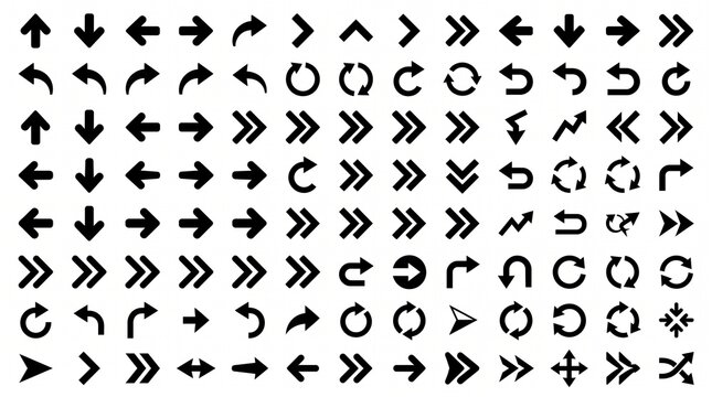 A premium collection of bold black vector arrow icons featuring modern navigation symbols, directional pointers, curved arrows, circular rotation arrows, double arrows, triple-chevron arrows, forward 
