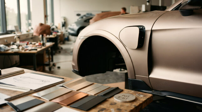 Electric grand touring prototype detail in automotive design studio with charging port, wheel arch, and metal trim samples