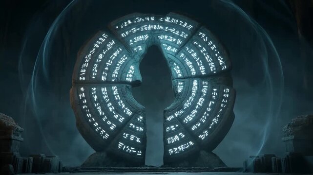 Static shot of ancient circular stone portal activating and slowly rotating as glowing runes illuminate underground temple chamber