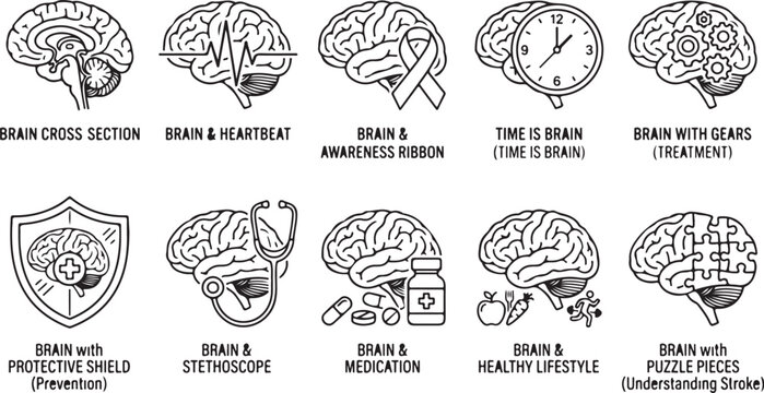 Collection of brain icons depicting cross section heartbeat awareness ribbon time gears protection medication healthy lifestyle and puzzle pieces.