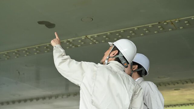 橋梁点検で指差し確認を行う30代と50代の作業員