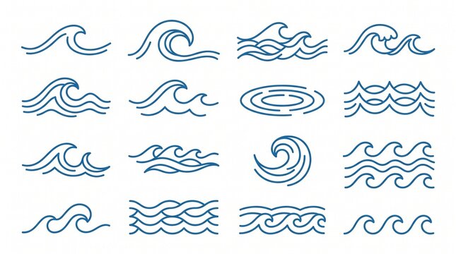 A premium collection of minimalist hand-drawn ocean wave vector icons featuring elegant flowing curves, rolling surf, rippling water lines, and stylized sea wave symbols. The set includes a diverse va
