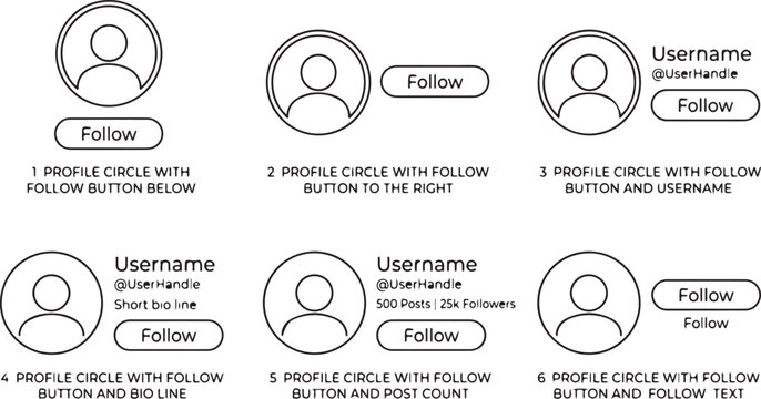 Profile circle with follow button options social media UI elements linear icons set.