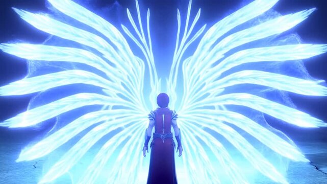Slow zoom tracking of silhouetted mage summoning glowing energy wings that expand and radiate behind figure on dark cavern floor
