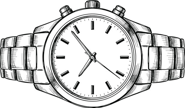 Detailed wristwatch line drawing with round face chronograph buttons and linked metal band showcasing classic timepiece design