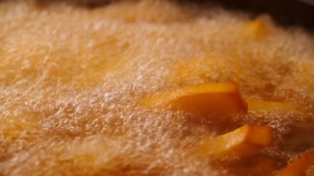 Slow motion close up handheld shot of potato fries sizzling and bubbling while frying in hot oil in kitchen deep fryer
