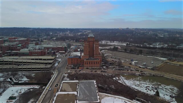Aerial winter streets and skyline near Mayflower Manor Akron Ohio
