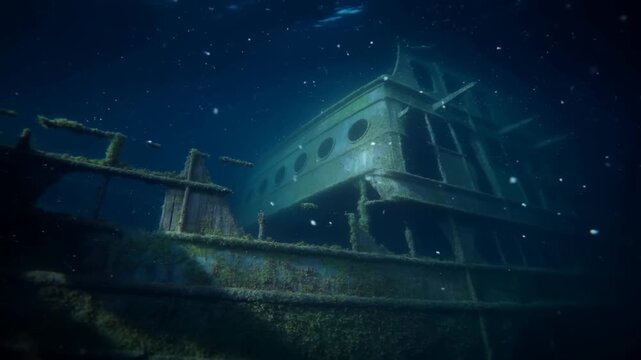 Slow tracking shot of sunken ship hull revealing moss covered wreckage on seabed in deep ocean with drifting particles and dim blue green light