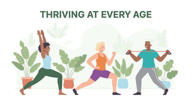 Active people of different ages and backgrounds doing yoga, running, and fitness exercises for healthy lifestyle.