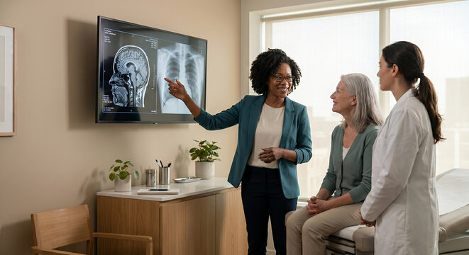 Doctor showing MRI scan to patient in exam room