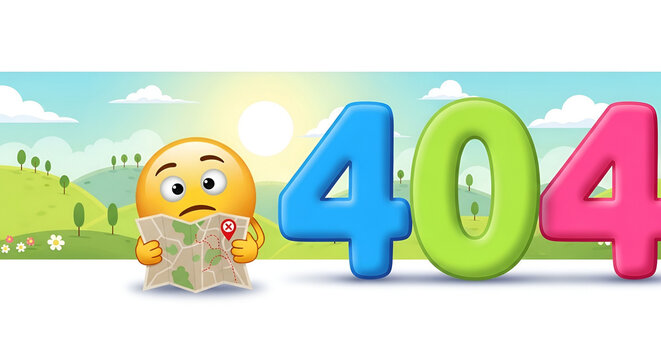 Cute Lost Emoji Holding Map Beside Colorful 404 Numbers Illustrating Page Not Found Navigation Error User Experience and Website Problem Concept