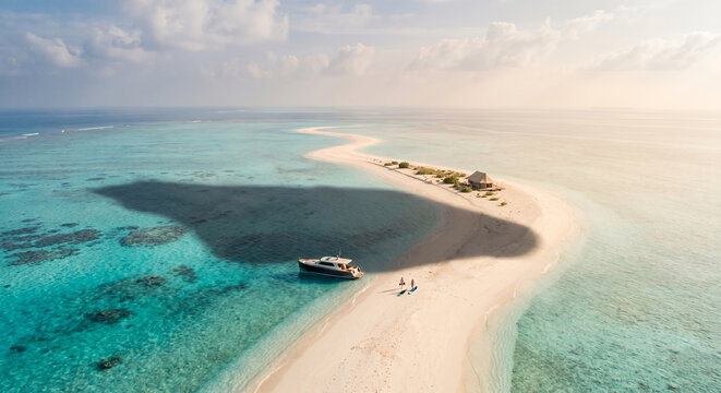 Luxury yacht anchored by a turquoise sandbar island