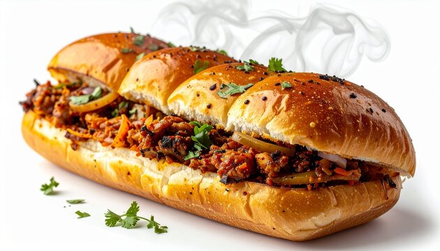 Fresh misal pav with steam effects, spicy Indian street food presentation, isolated on white background, realistic food photography
