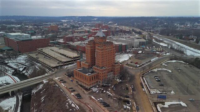 Winter aerial cityscape approaching Mayflower Manor in Akron Ohio 