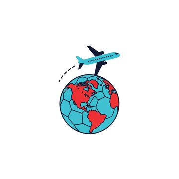 A stylized airplane flying across a soccer ball textured like a globe with North American outlines, symbolizing fan travel, minimalist flat vector artwork, clipart style, absolute solid block