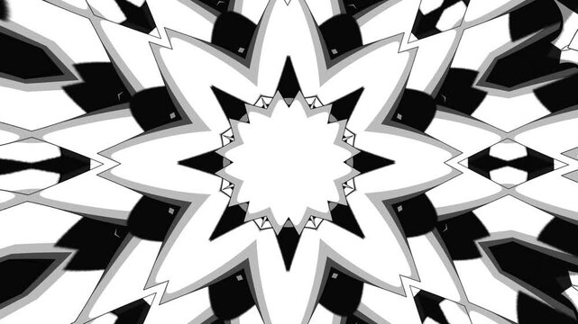 Abstract Grayscale Mosaic Kaleidoscope with Black and White Geometric Shapes and Playful Cartoon Style Motion