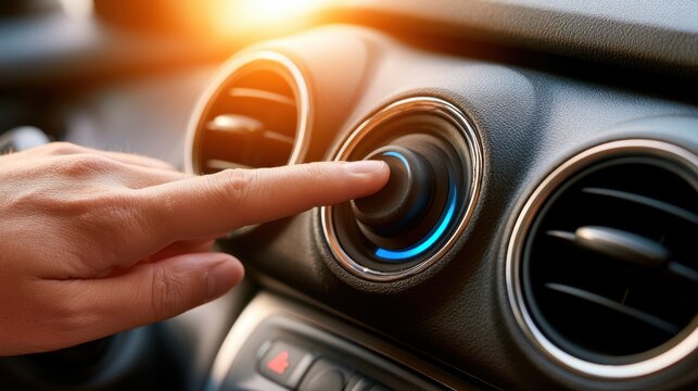 Close-up of hand adjusting car air conditioning control dial with glowing blue light inside vehicle dashboard in warm sunlight
