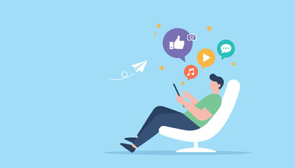 Fototapeta premium Man relaxing in comfortable armchair while browsing social media feed on smartphone with thumbs up and media icons floating.