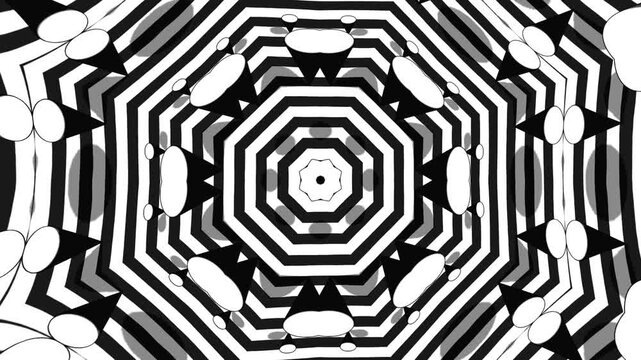 Seamless Monochrome Kaleidoscope Background with Abstract Geometric 3D Forms and Dynamic Symmetrical Motion