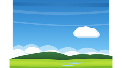 Fototapeta premium Flat Illustration of Green Hills Under a Bright Blue Sky with Soft Clouds