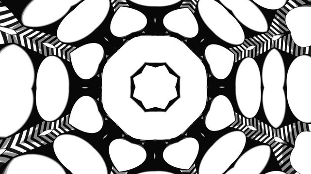 High Contrast Black and White Kaleidoscope Animation with Abstract Geometric Shapes and Stylized 3D Cartoon Aesthetic