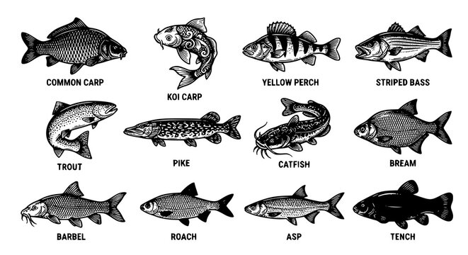 Hand drawn blue linocut fish bundle with vintage woodcut freshwater vector illustrations