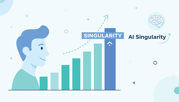 Technological singularity concept with a man observing exponential growth chart reaching artificial intelligence breakthrough.