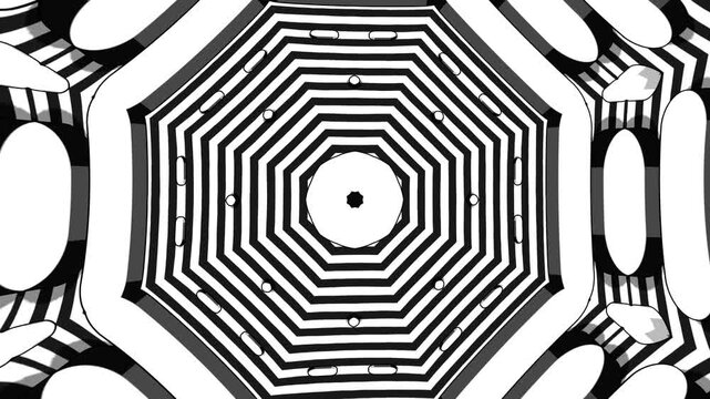 Abstract Grayscale Kaleidoscope Design with Symmetrical 3D Shapes and Graphic Cartoon Geometry for Creative Visuals