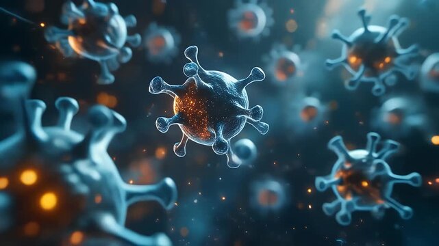 Scientific visualization of microscopic virus cells, pathogen spread, and health crisis research concept in stunning footage and videos