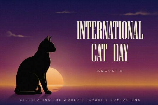 International Cat Day poster with black cat silhouette at sunset