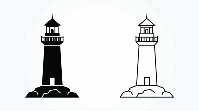 Minimalist lighthouse icons silhouette and outline design for navigation, coastal, and maritime illustrations