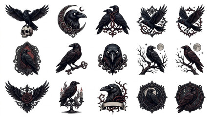 Obraz premium Collection of dark gothic raven illustrations with intricate details.