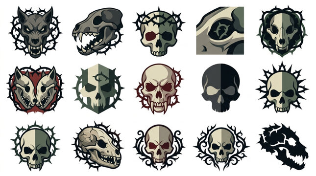 Collection of Dark Fantasy Skulls and Animal Heads with Gothic Embellishments.