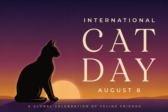 International Cat Day poster with silhouette cat at sunset