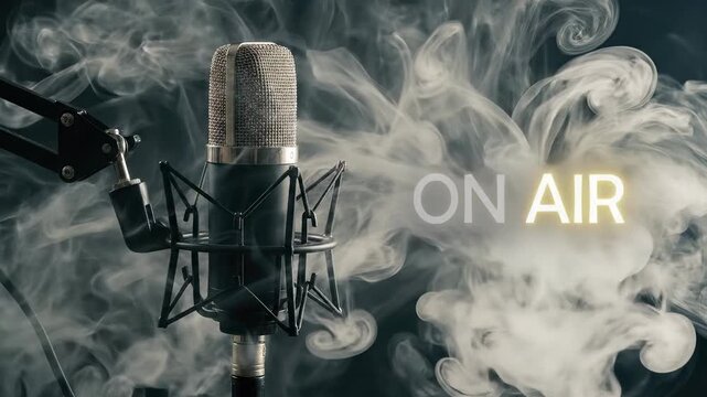 Media broadcast presentation: podcast content, on air, live stream, record session, studio equipment, voice transmission, smoke movement, digital audio.