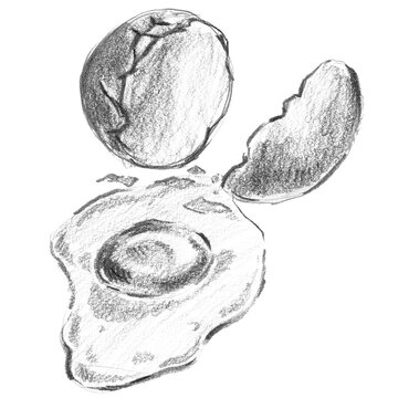 A pencil sketch of a cracked egg with shell pieces and a fried egg yolk on a white background. Great for breakfast menu art, rustic food illustrations, and farmhouse kitchen decor.
