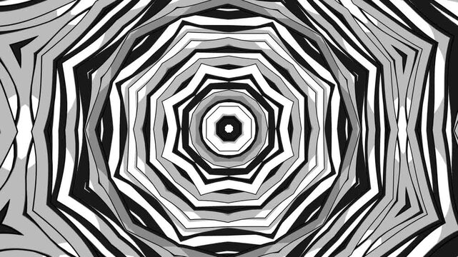 Monochrome Abstract Kaleidoscope Animation with Black and White Cartoon Geometric 3D Shapes for Modern Motion Design